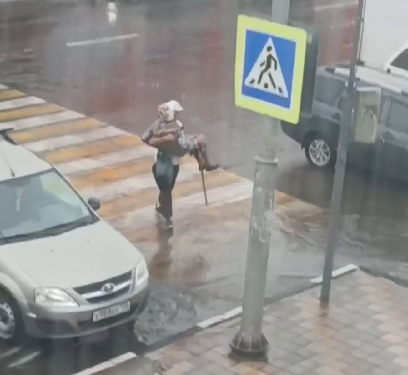 Трогательный поступок мужчины во время дождя попал на видео в Воронежской области