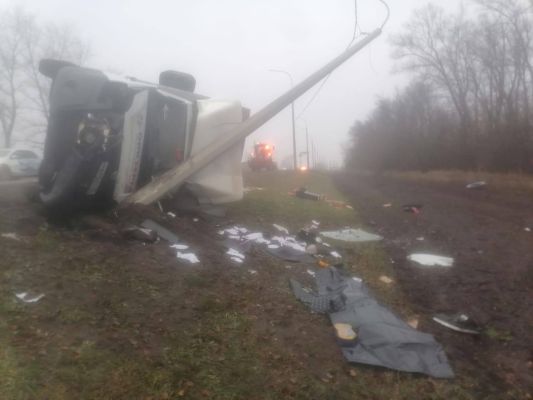 Под Курском грузовик в тумане врезался в ЛЭП и перевернулся: водитель погиб