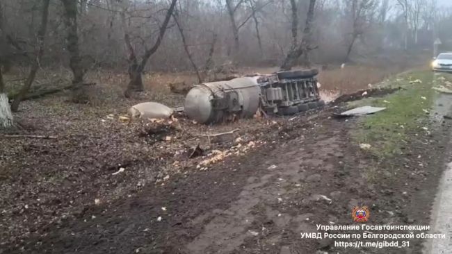 Бензовоз перевернулся на трассе в Белгородской области
