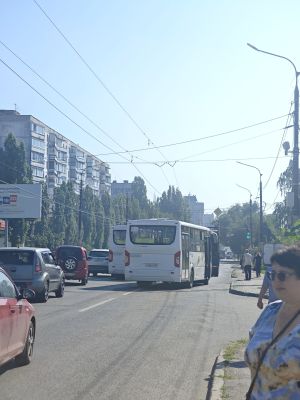 Два автобуса застряли посреди дороги из-за висящих проводов в Воронеже 